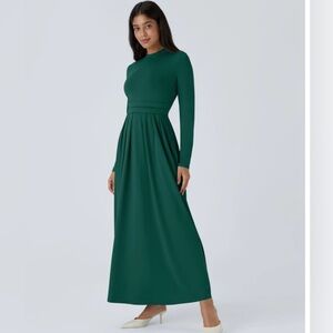HALARA Green Mock neck Long Sleeve Pocket Flare Maxi Dress Med NWT